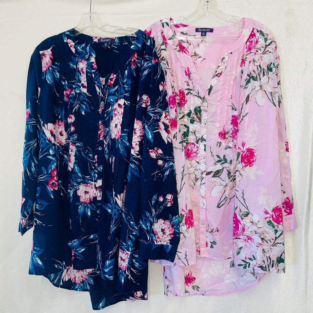 2 Roaman's Pink & Navy Floral Cotton Pleated Long Sleeve Blouses 22W Women Plus